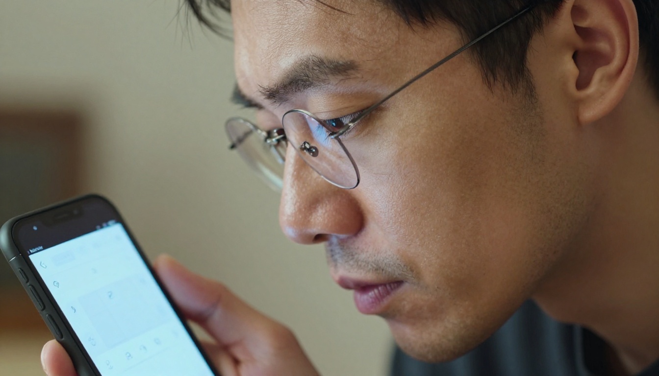 Man leaning close to a smartphone squinting to examine an unresponsive flipbook button interface