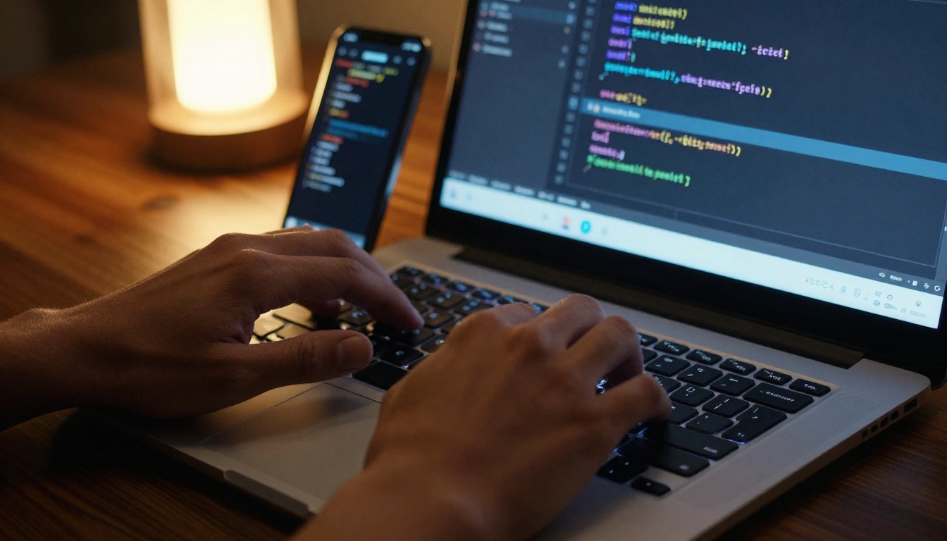 Developer with code editor open on laptop alongside a smartphone testing a flipbook