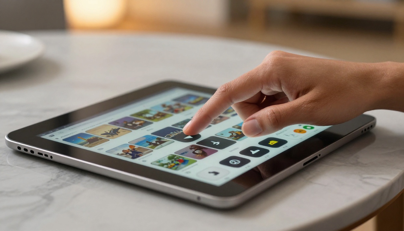 Close-up low-angle shot of a thumb pressing a navigation forward button on a tablet flipbook