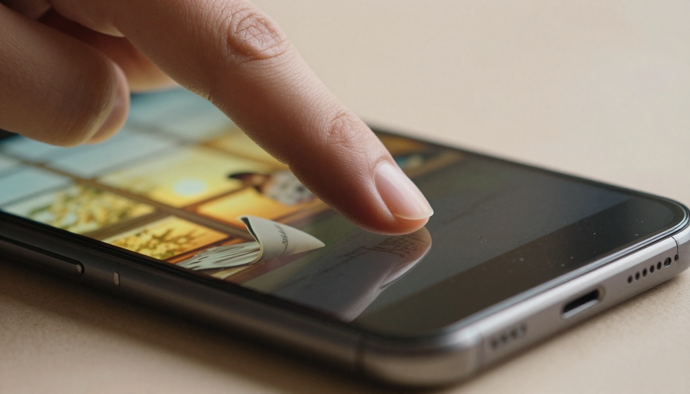 Extreme close-up of a finger performing a swipe gesture across a smartphone flipbook screen with page-turn animation visible