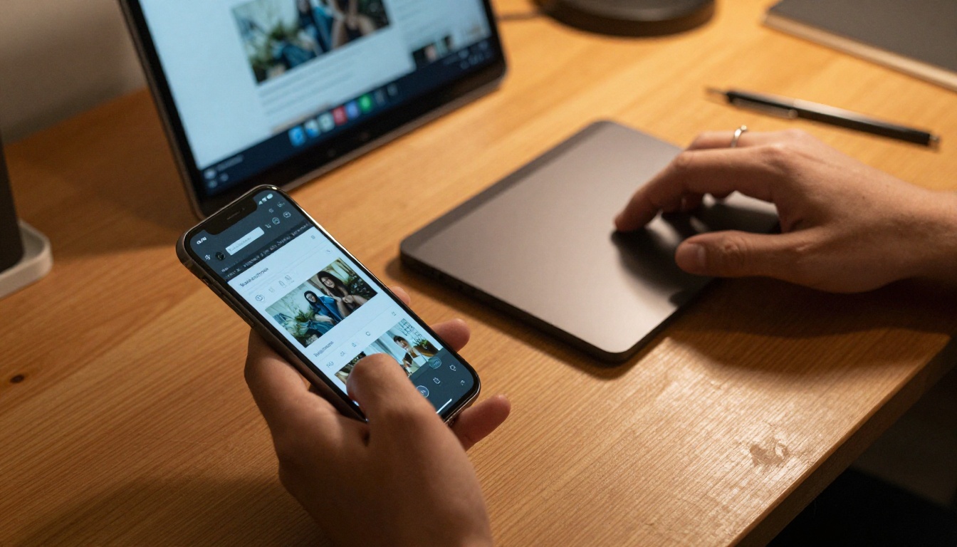 Aerial view of two hands testing a flipbook embed on a phone and laptop simultaneously