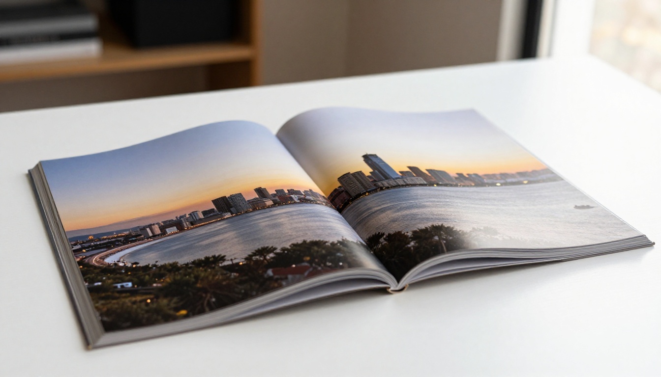 Open glossy magazine showing a perfect seamless two-page spread panoramic coastal cityscape
