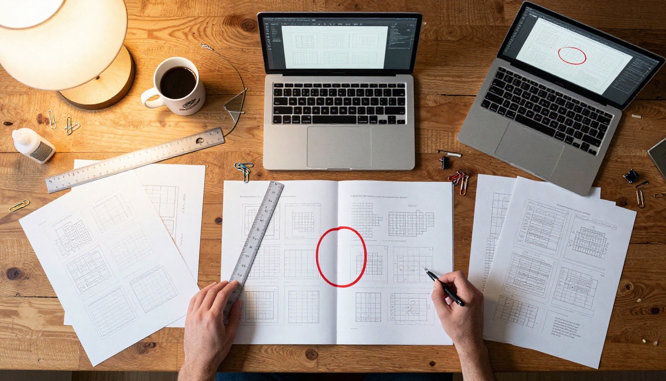 Aerial overhead view of designer's desk with spread PDF mockups, ruler, and red-circled misaligned gutter