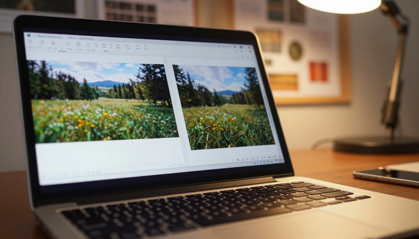 Close-up of laptop screen showing PDF viewer with misaligned spread pages and visible gutter gap