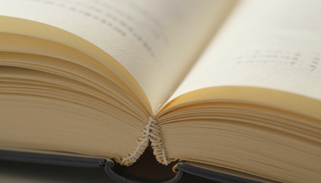 Extreme macro close-up of an open printed booklet spine showing thread stitching and gutter shadow line