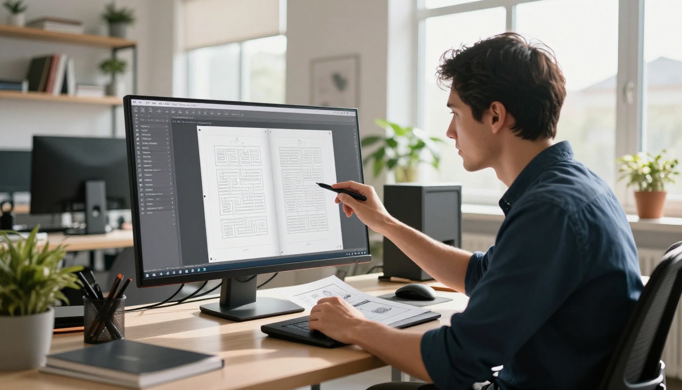Male graphic designer comparing a printed booklet to a monitor showing a correctly configured spread layout