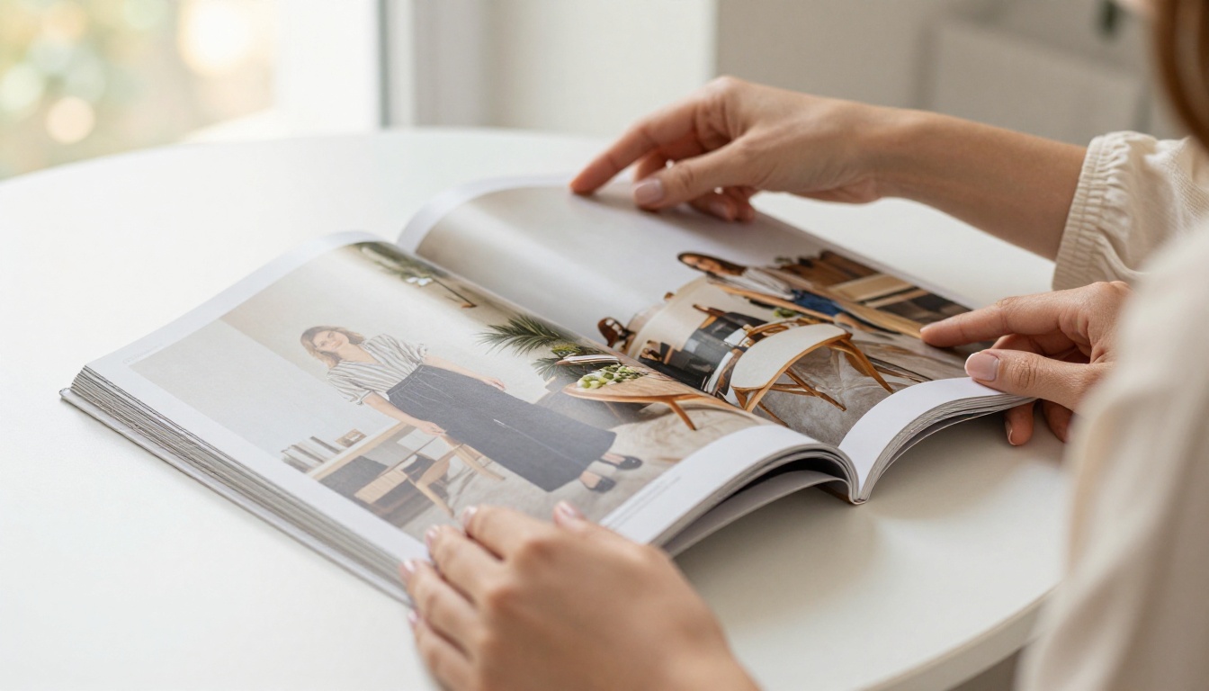 Elegant hands holding an open large-format magazine spread showing seamless full-bleed flow across both pages