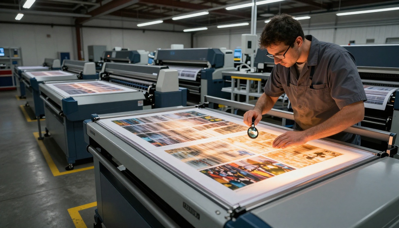Print technician in gray apron inspecting booklet spread on glowing light table in production facility