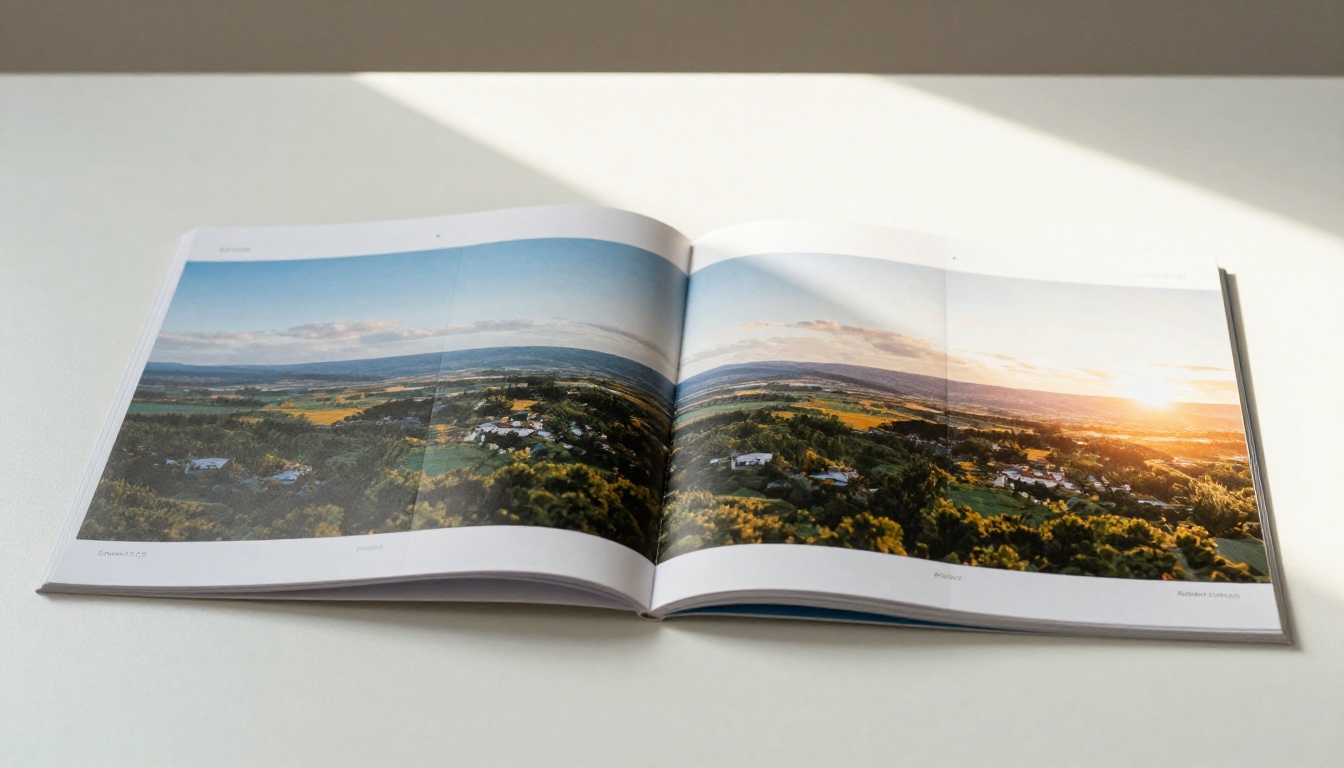 Side-by-side printed booklets showing incorrectly split spread on left versus correctly aligned spread on right