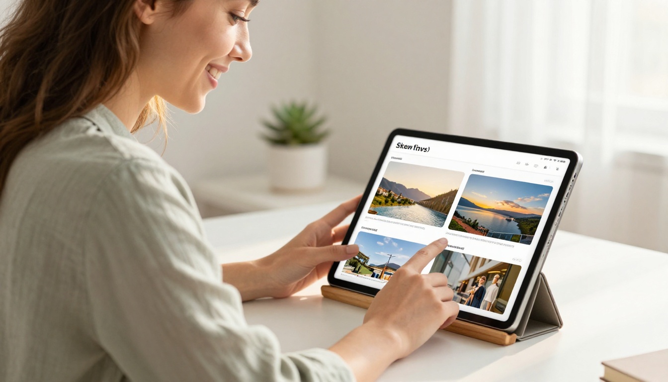 Young woman smiling with genuine satisfaction at a perfectly formatted digital flipbook on her tablet screen