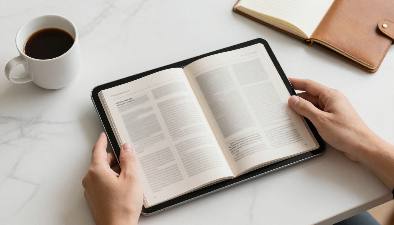 Aerial view of hands on a tablet with open digital magazine on marble desk