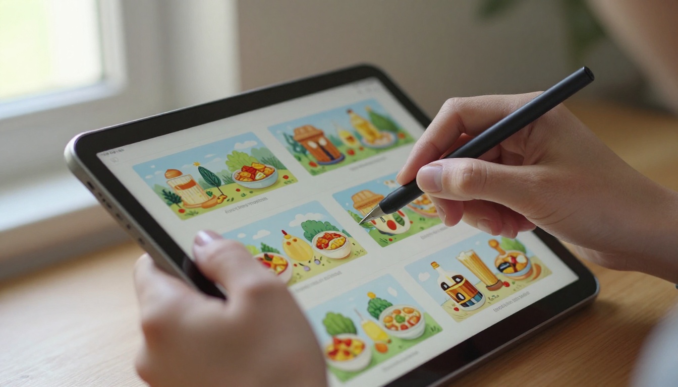 Woman's hands performing a pinch gesture on a tablet showing a colorful recipe flipbook