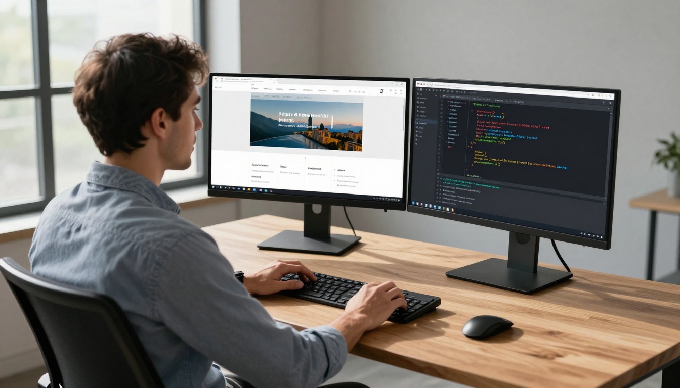 Professional man at standing desk with dual monitors showing flipbook and code editor