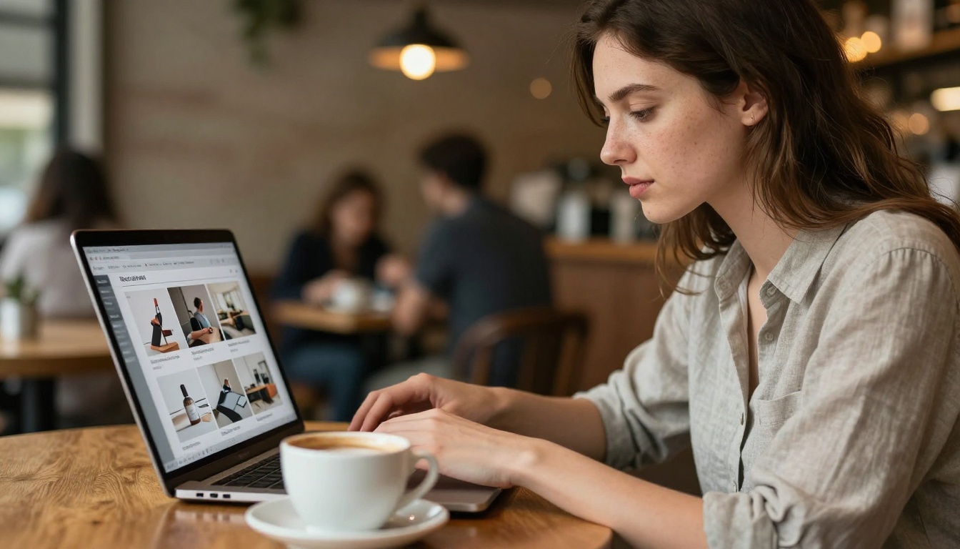 Young professional woman at cafe with laptop showing a product catalog flipbook