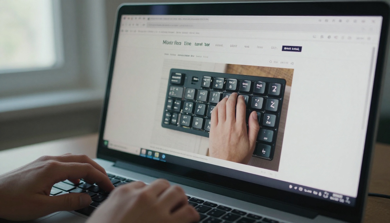 Computer monitor showing a flipbook embed in a browser, hands poised at keyboard