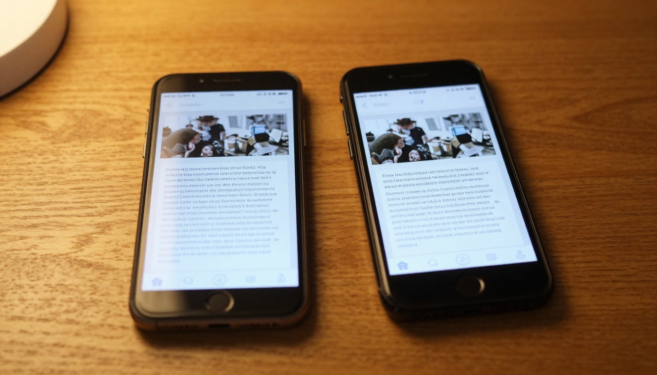 Two smartphones on oak table, one showing zoomed flipbook, other showing perfect fit
