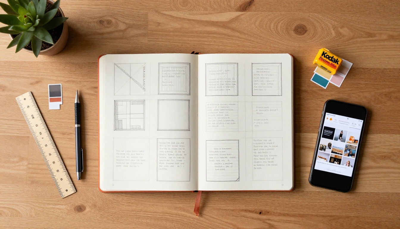 Designer workspace flat-lay overhead with sketchbook showing hand-drawn page layout grids and text-image separation zones