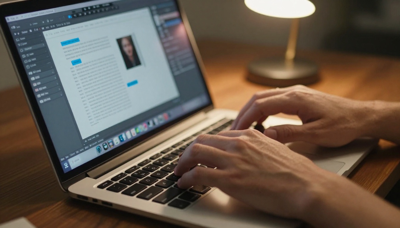 Male designer hands editing PDF layout software repositioning text away from underlying image, laptop screen close-up