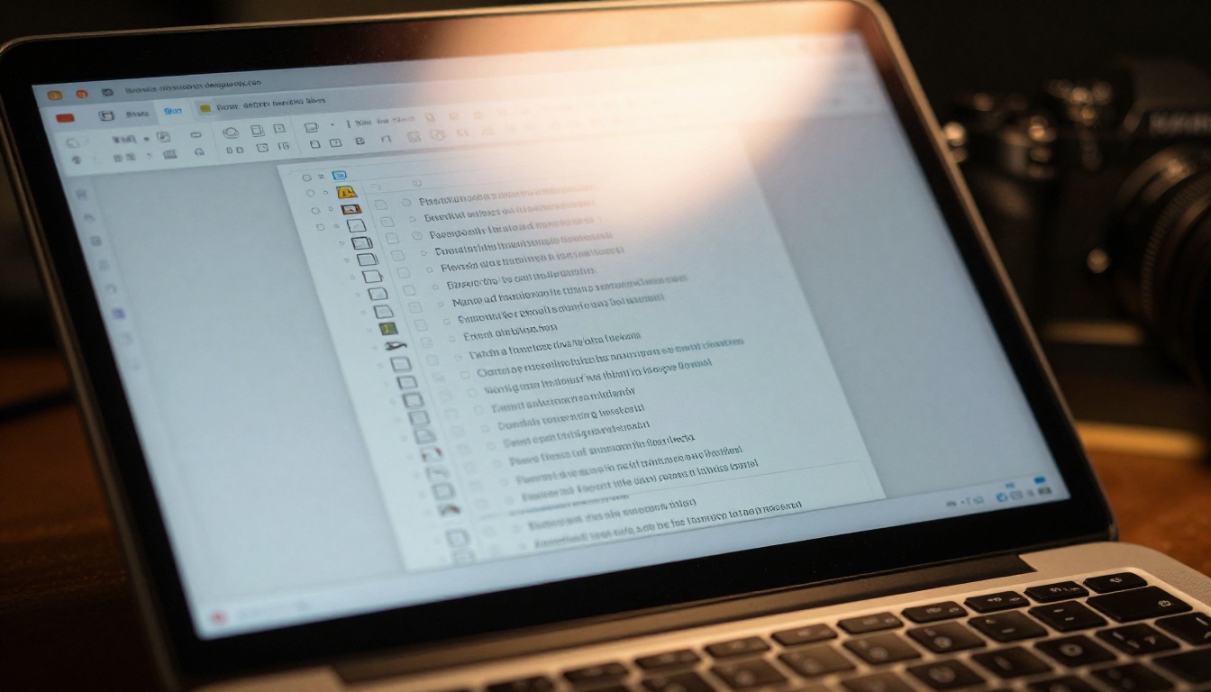 Close-up of a laptop screen showing oversized PDF files listed in a file manager with large file size details visible, warm desk lamp glow reflecting off the screen