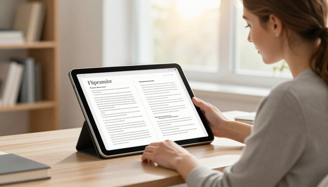 Woman reviewing beautifully formatted digital flipbook on tablet with clean text-image spacing, satisfied expression