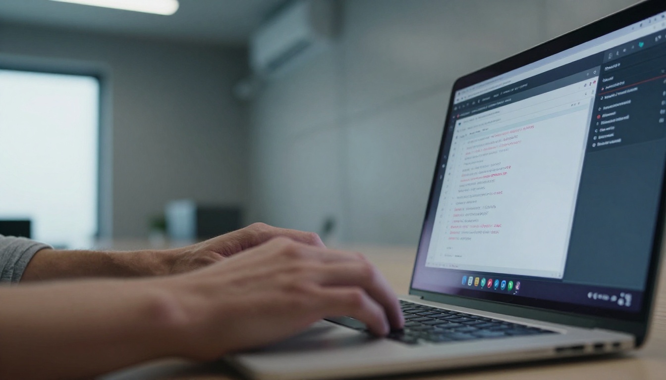 A developer's hands resting on a laptop keyboard with browser developer tools open on the screen, showing red network error status codes in the network panel