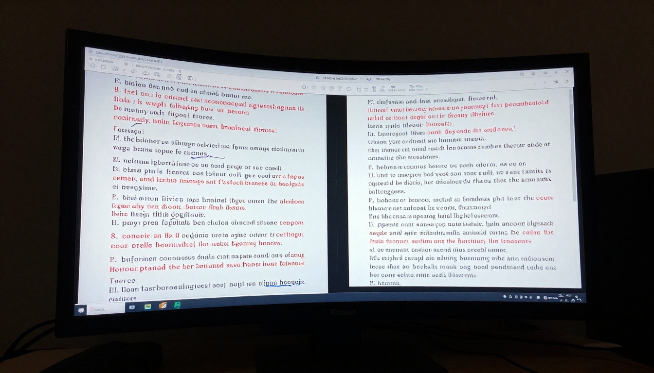 Monitor screen showing before-and-after comparison of messy vs clean flipbook page layout, low-angle close-up
