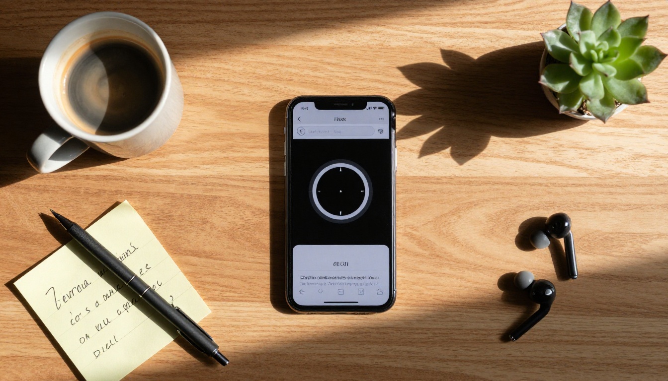 Aerial flat lay of a wooden desk with a smartphone showing a loading spinner on a mobile browser, surrounded by coffee cup, sticky notes, wireless earbuds, and a mechanical pencil, warm morning sunlight from the upper left