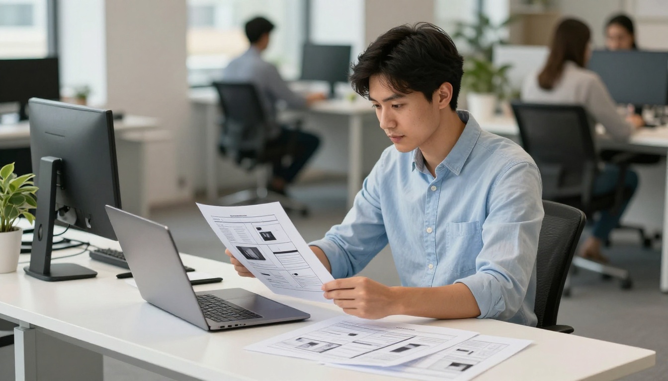 Professional man reviewing clean grid layout proofs in modern coworking space alongside open laptop Professional man reviewing clean grid layout proofs in modern coworking space alongside open laptop