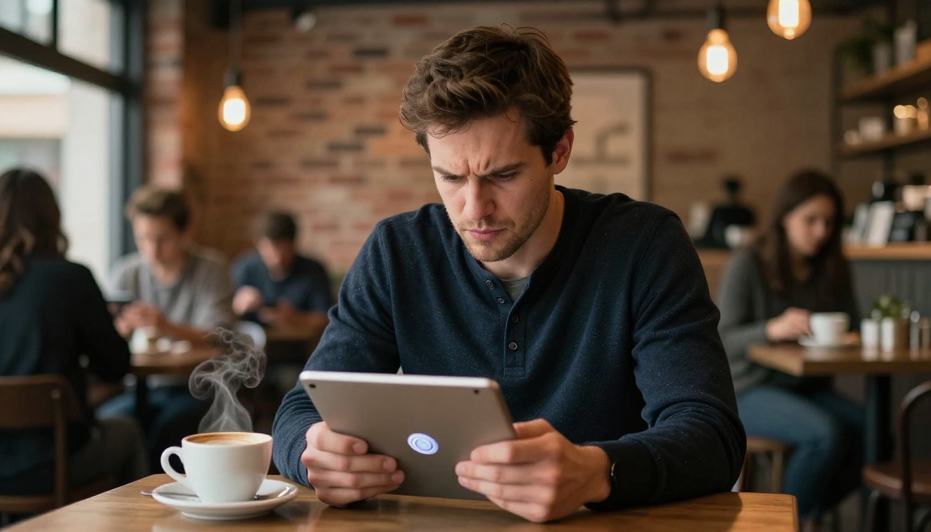 A man in a cafe holding a tablet with a brow furrowed in frustration, the tablet screen showing a spinning loading indicator on a digital publication viewer, warm Edison bulb cafe light in the background
