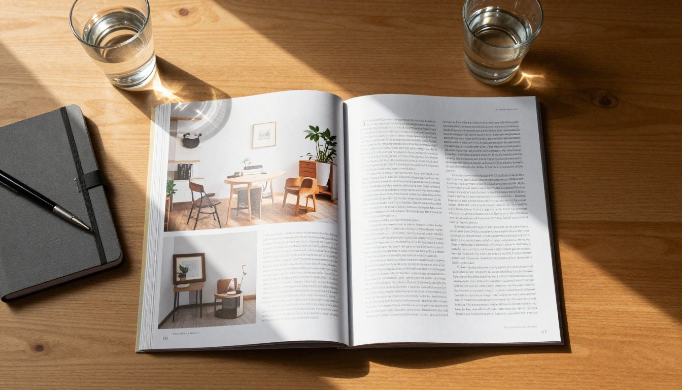 Aerial top-down view of printed magazine double-page spread with perfectly balanced image and text zones on warm oak desk Aerial top-down view of printed magazine double-page spread with perfectly balanced image and text zones on warm oak desk
