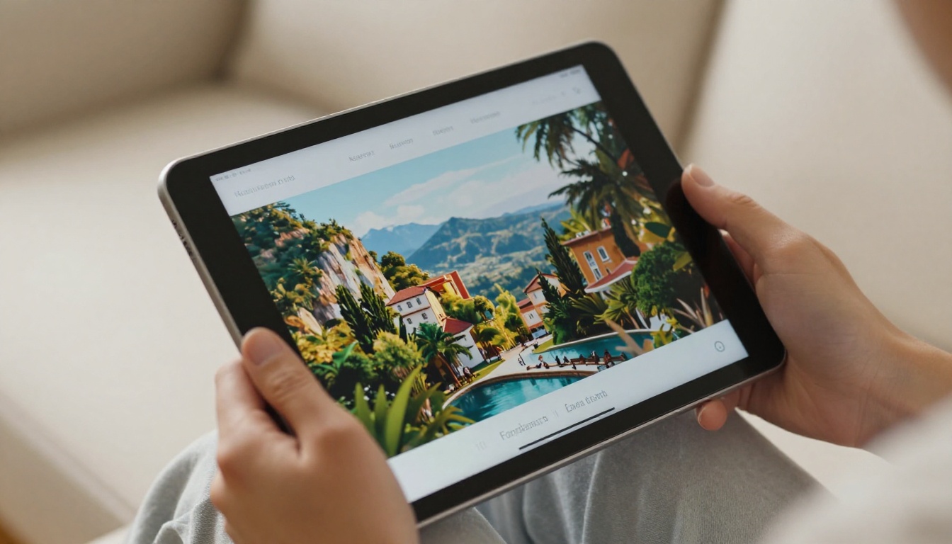 Woman's hands holding tablet displaying digital flipbook with clean typography below a vibrant travel photograph Woman's hands holding tablet displaying digital flipbook with clean typography below a vibrant travel photograph