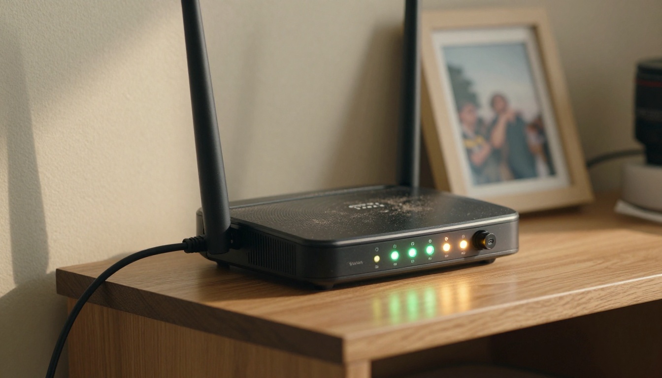 Close-up of a WiFi router on a wooden shelf with amber indicator lights, directional window light casting shadows across the router body and dusty surface