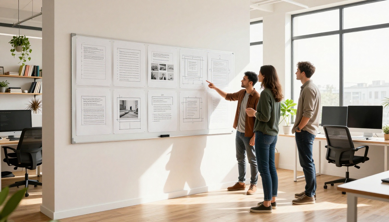 Creative team discussing whiteboard page layout diagrams in bright modern studio office with natural daylight Creative team discussing whiteboard page layout diagrams in bright modern studio office with natural daylight