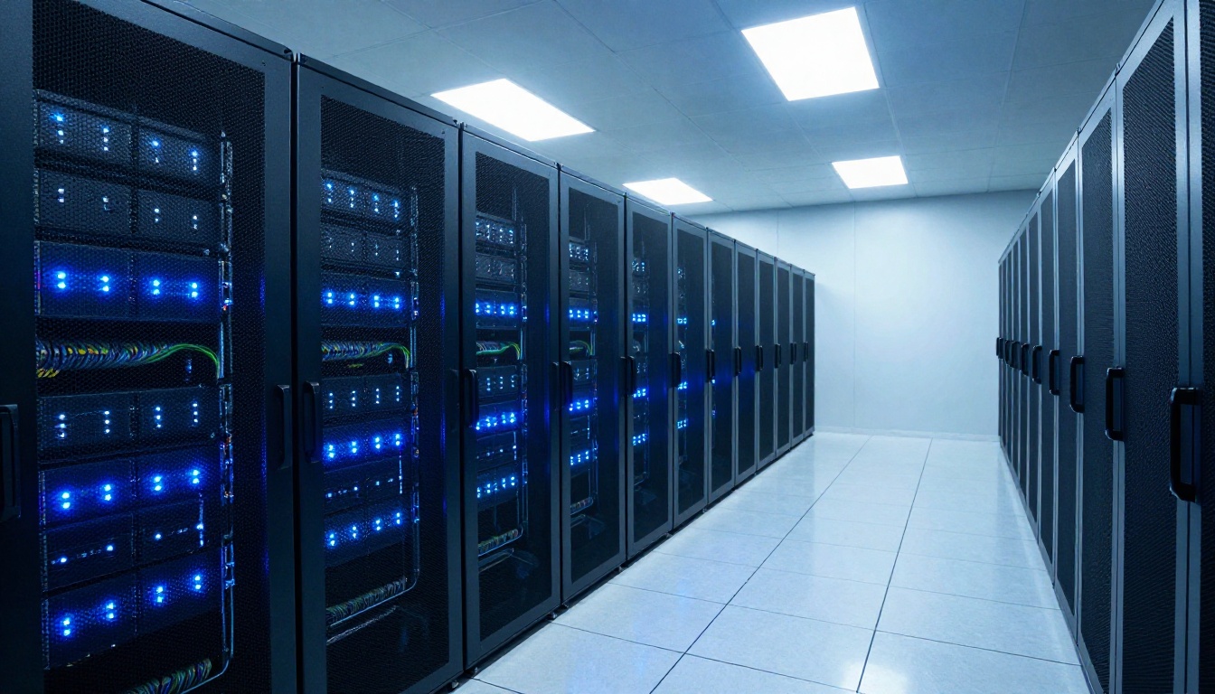 Wide-angle interior of a professional data center with rows of illuminated black server rack cabinets, blue and white LED indicator lights blinking, clean tile floor with reflections