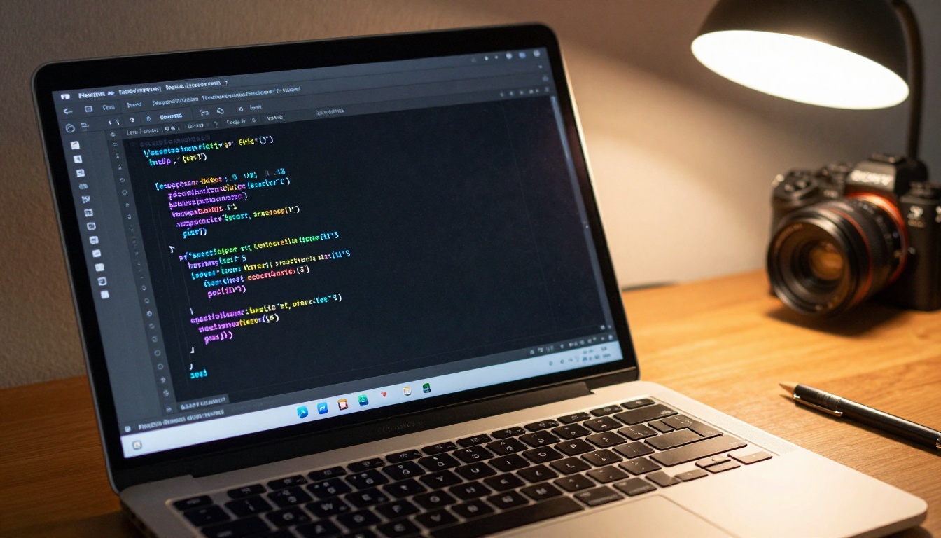 Close-up of a laptop screen showing HTML embed code in a syntax-highlighted dark code editor, brushed aluminum laptop body with a warm amber rim light from a desk lamp