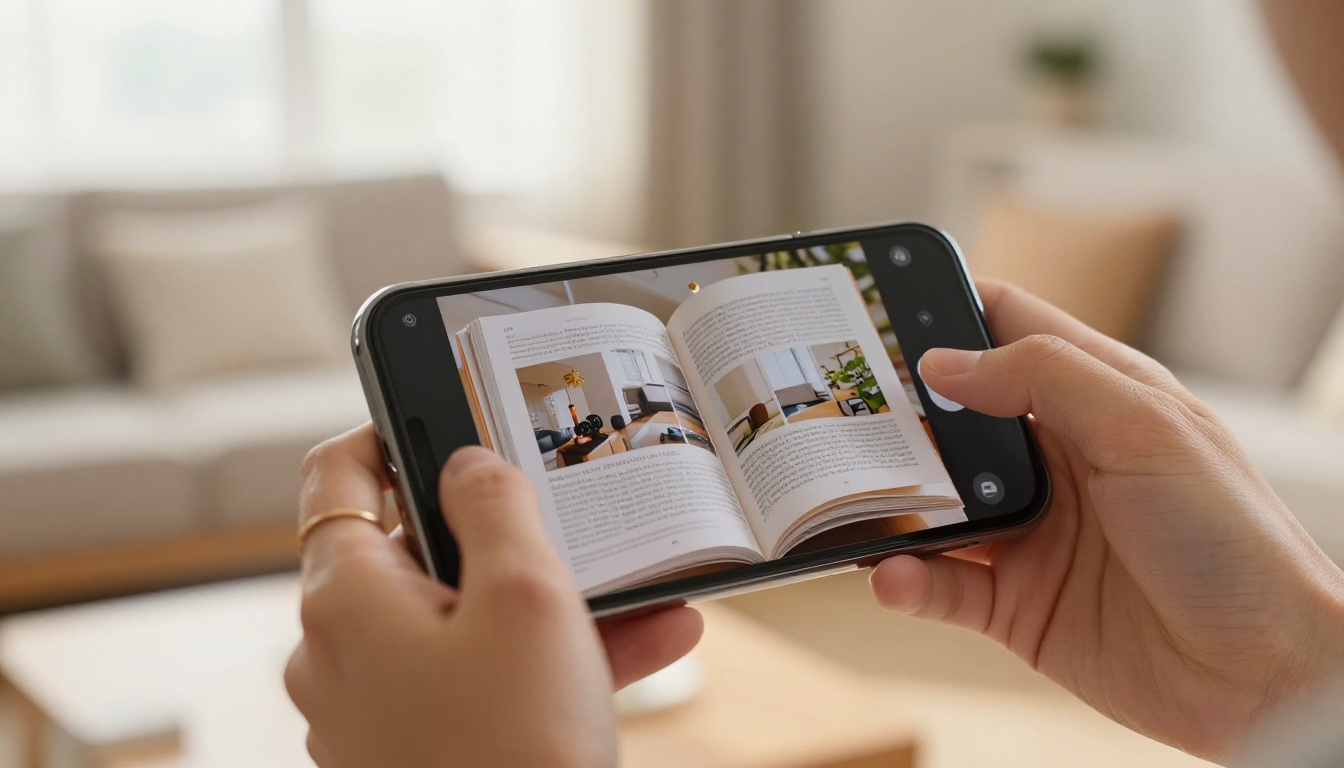 A young woman's hands holding a smartphone showing a beautifully loaded digital flipbook with a page mid-turn, pages curling realistically, warm natural afternoon light from a window behind