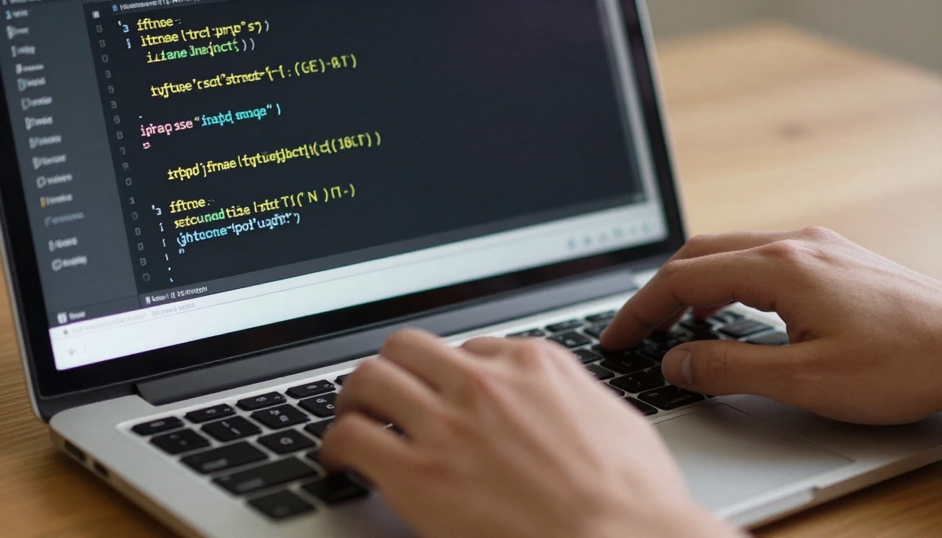 Web developer's hands typing iframe embed code on a laptop with syntax highlighting visible