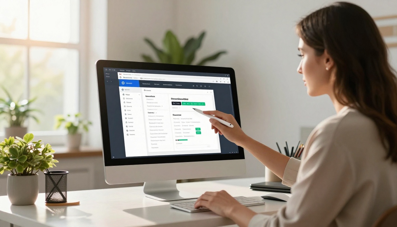 Woman pointing at website builder drag-and-drop interface with HTML embed widget panel open