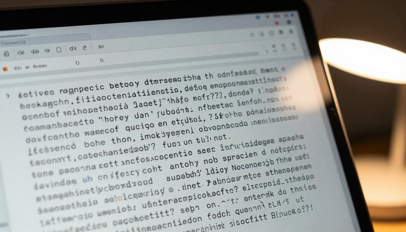 Close-up of a laptop screen showing garbled PDF character encoding with mixed symbols and readable text Close-up of a laptop screen showing garbled PDF character encoding with mixed symbols and readable text