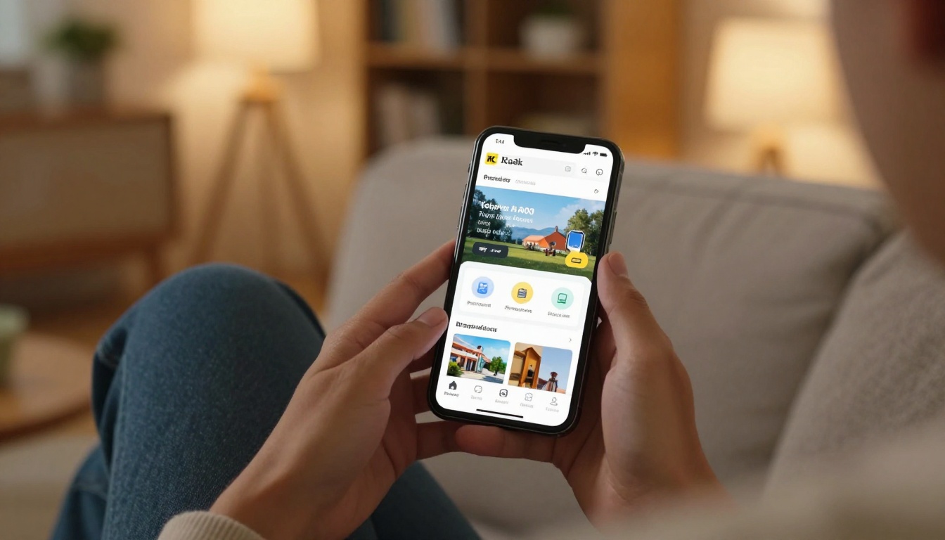 Person relaxing on a sofa checking a flipbook embedded on a smartphone with warm home lighting