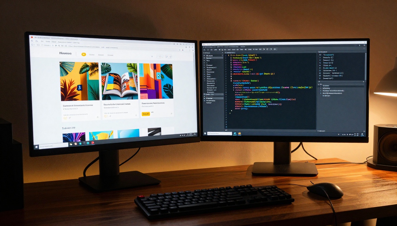 Dual monitor desk setup showing embedded flipbook on left screen and HTML code on right screen