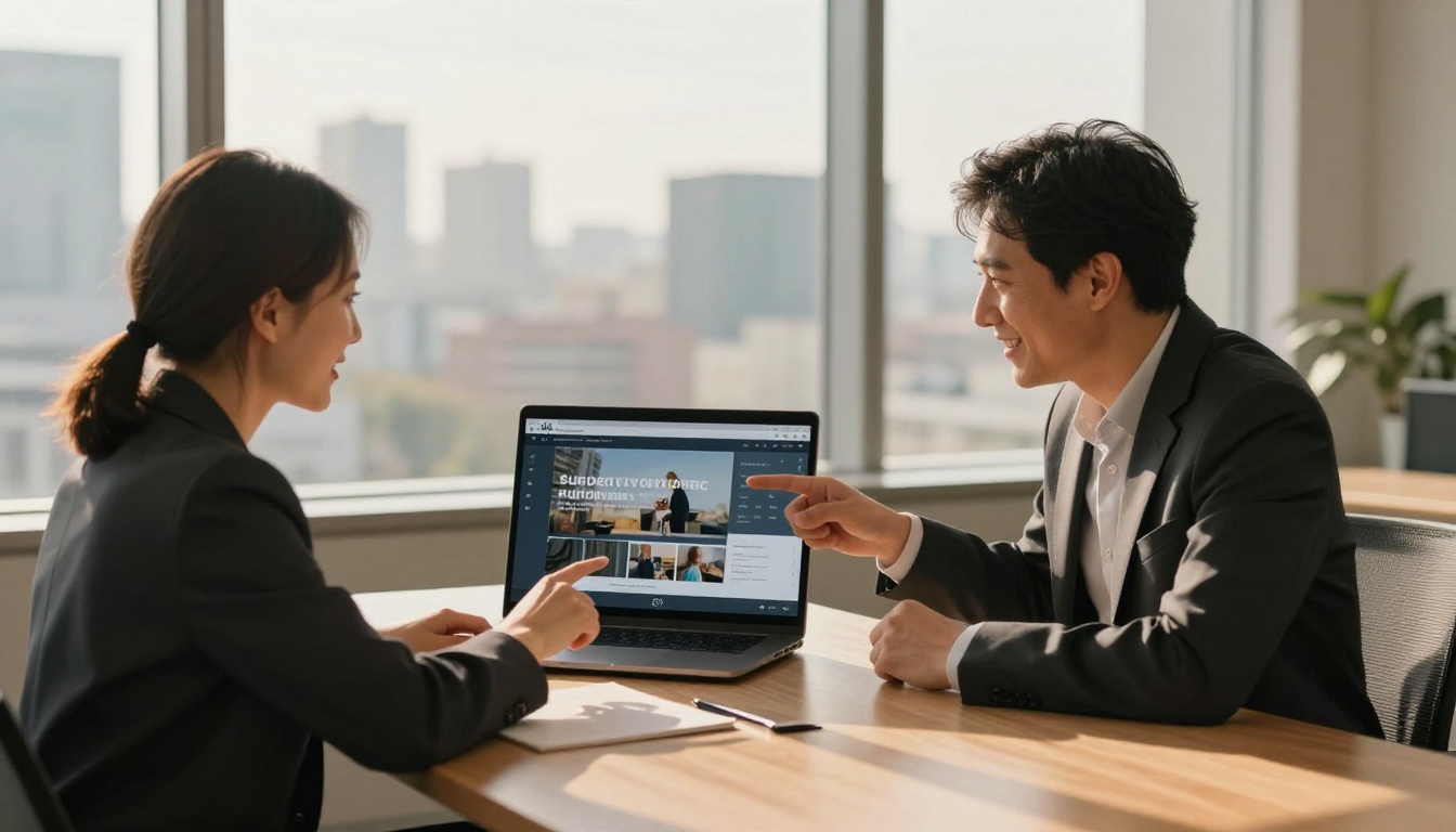Two professionals reviewing a successfully embedded flipbook on a company website together