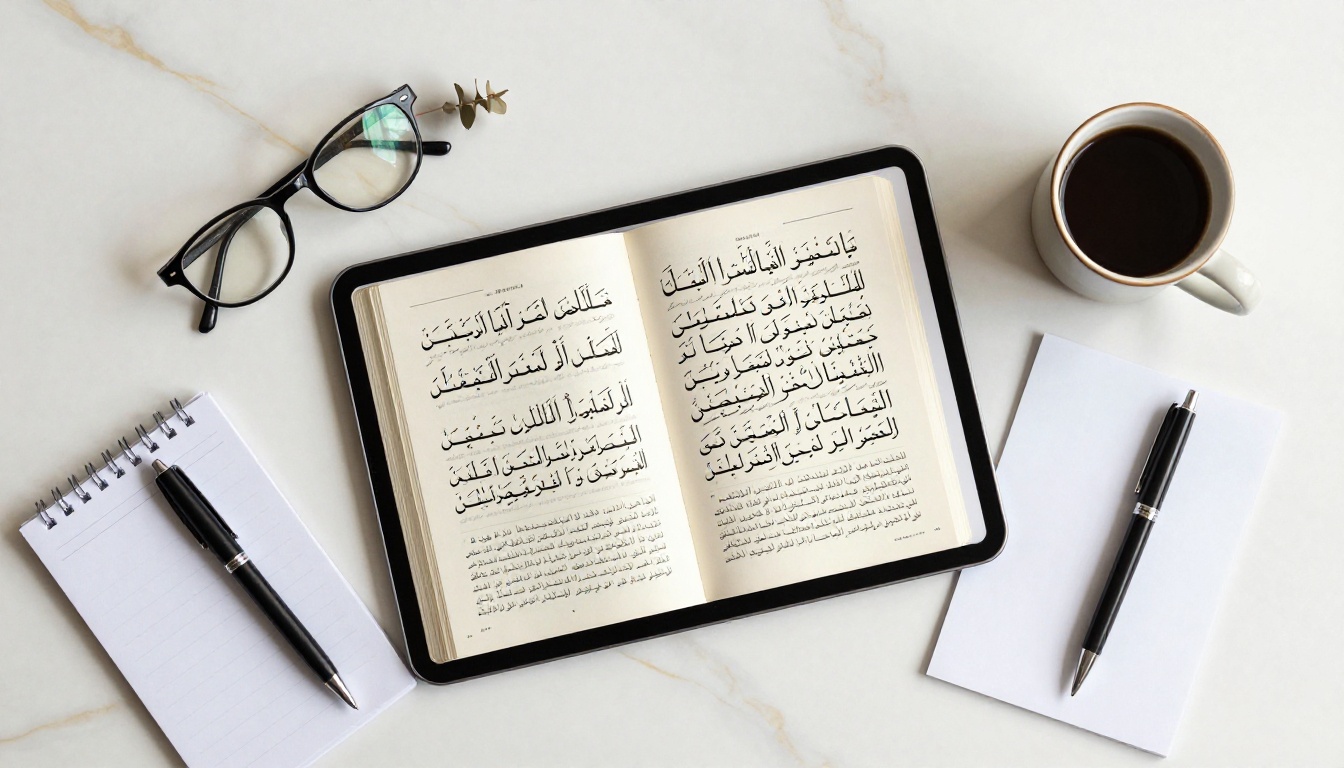 Aerial overhead flat-lay of a tablet displaying a beautifully rendered Arabic right-to-left flipbook on a white marble desk with coffee and reading glasses Aerial overhead flat-lay of a tablet displaying a beautifully rendered Arabic right-to-left flipbook on a white marble desk with coffee and reading glasses