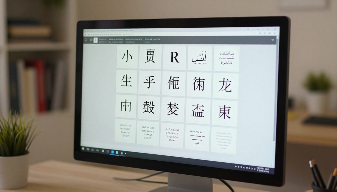 Close-up of a computer monitor showing a font management interface with Latin, Arabic, Chinese, Hebrew, and Cyrillic character sets organized in panels Close-up of a computer monitor showing a font management interface with Latin, Arabic, Chinese, Hebrew, and Cyrillic character sets organized in panels