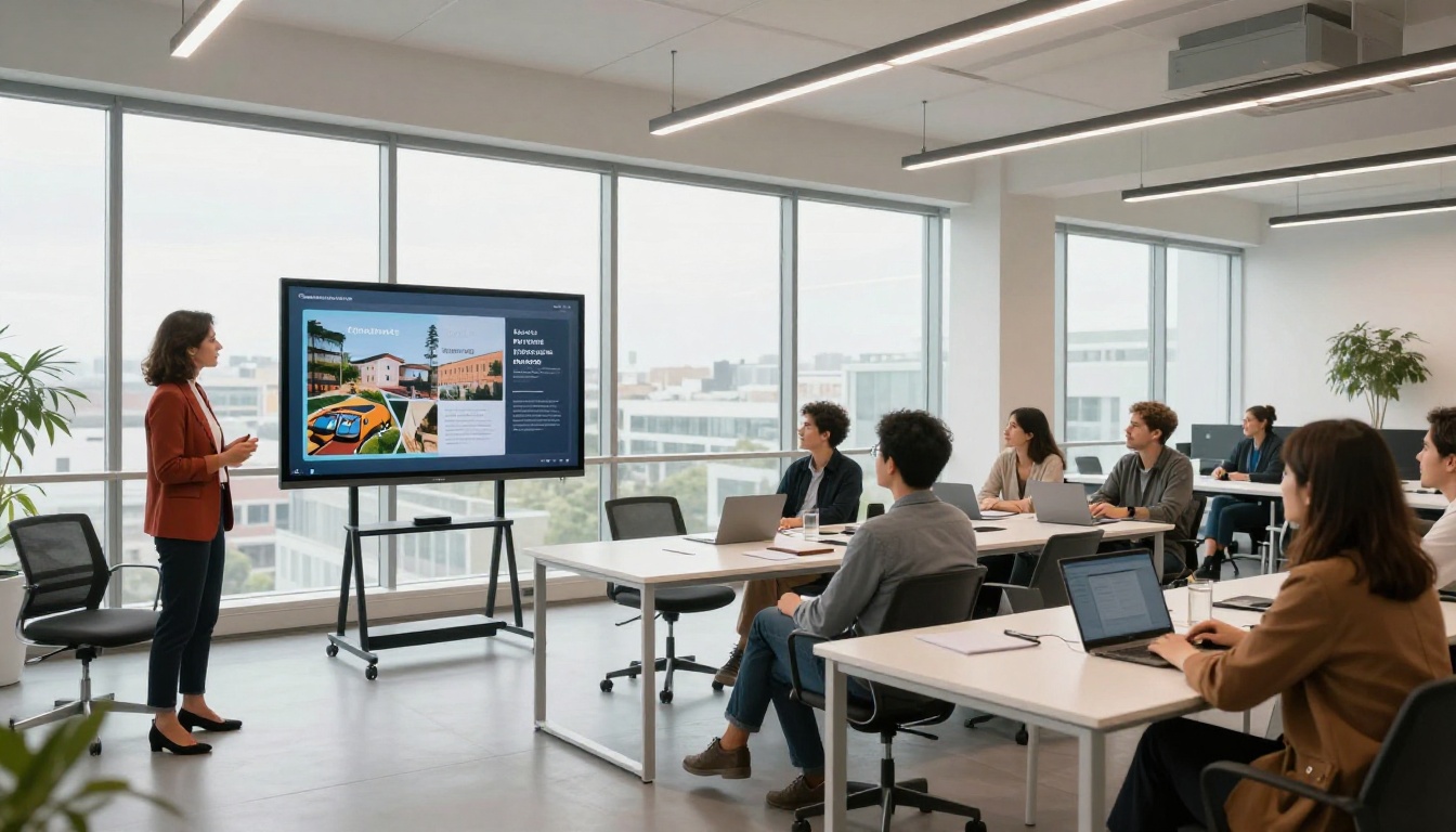 Professional woman presenting a multilingual digital flipbook on a large monitor to attentive colleagues in a bright modern co-working space