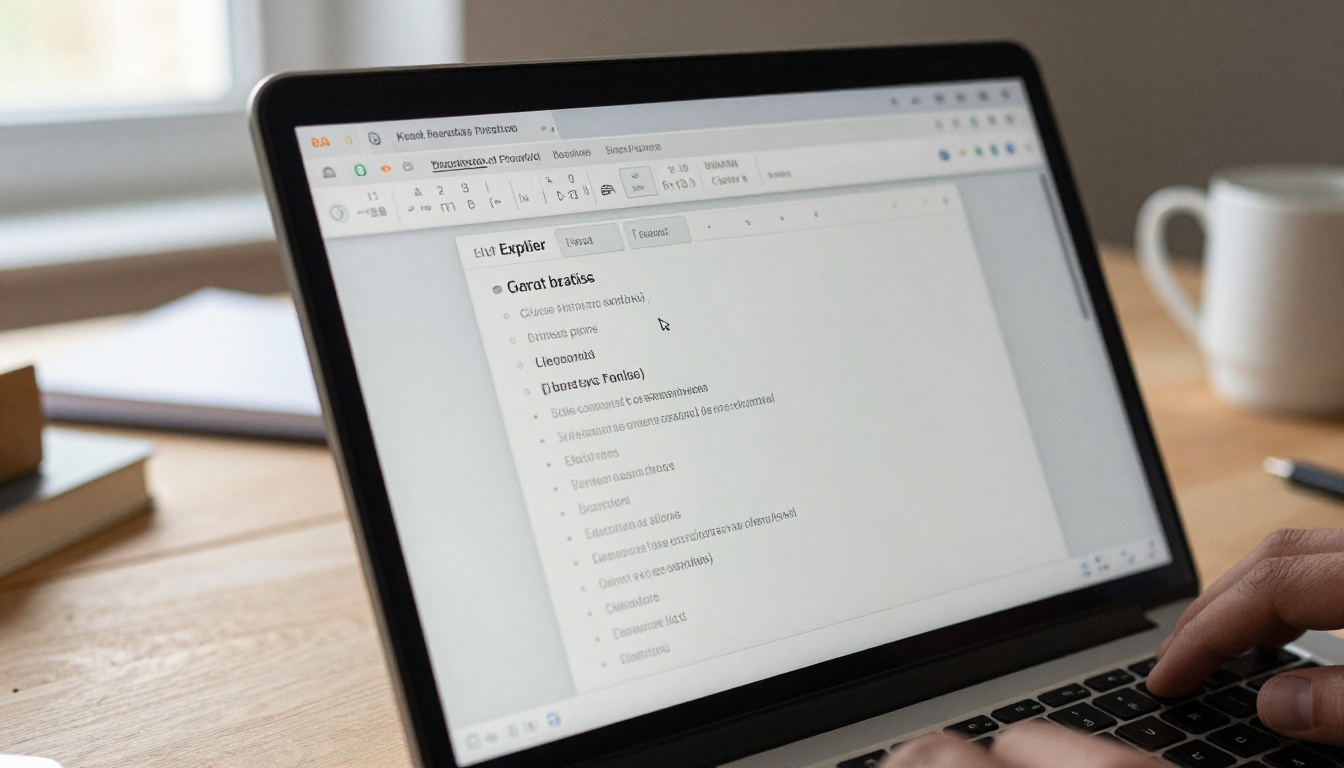 Close-up of a laptop showing a PDF export settings dialog with language and encoding dropdown menus visible, a hand near the trackpad ready to click