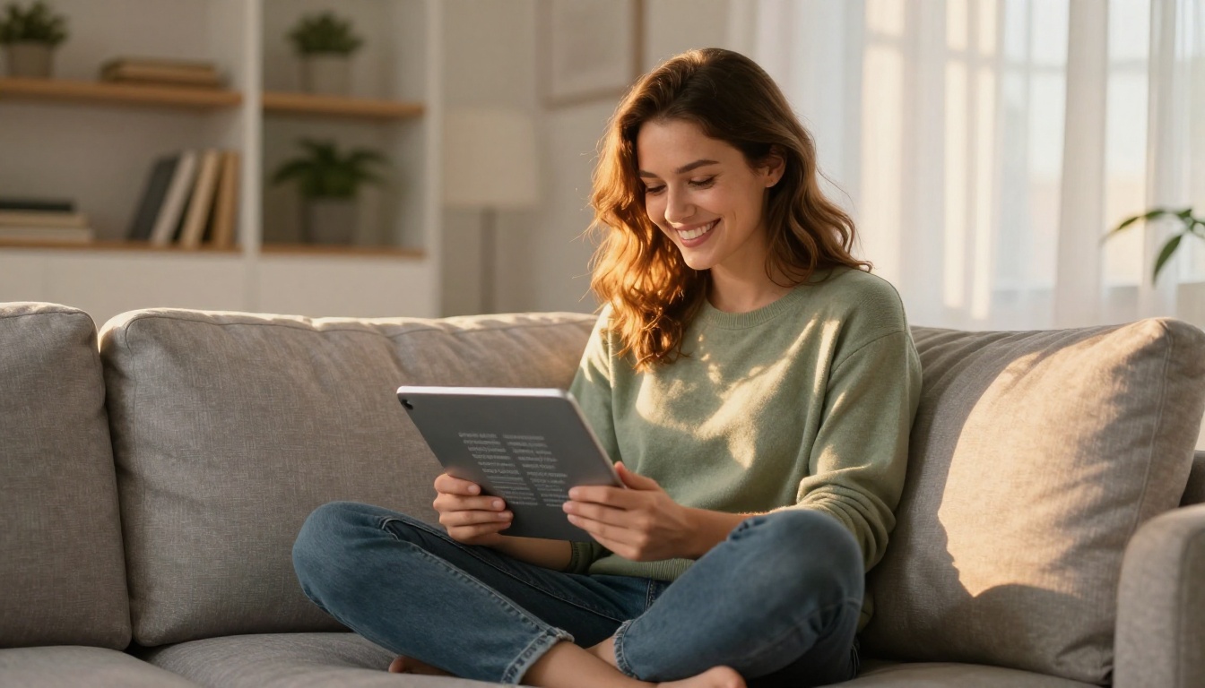 Happy young woman sitting on a light grey sofa smiling with genuine relief while scrolling through a perfectly rendered multilingual flipbook on a tablet in warm golden afternoon light