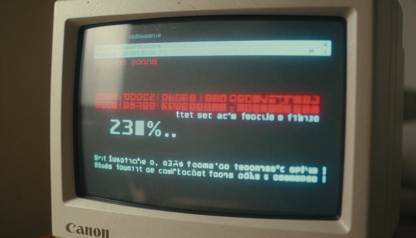 A vintage CRT monitor frozen on a browser error page, scan lines visible, cold blue-white glow against aged cream plastic casing