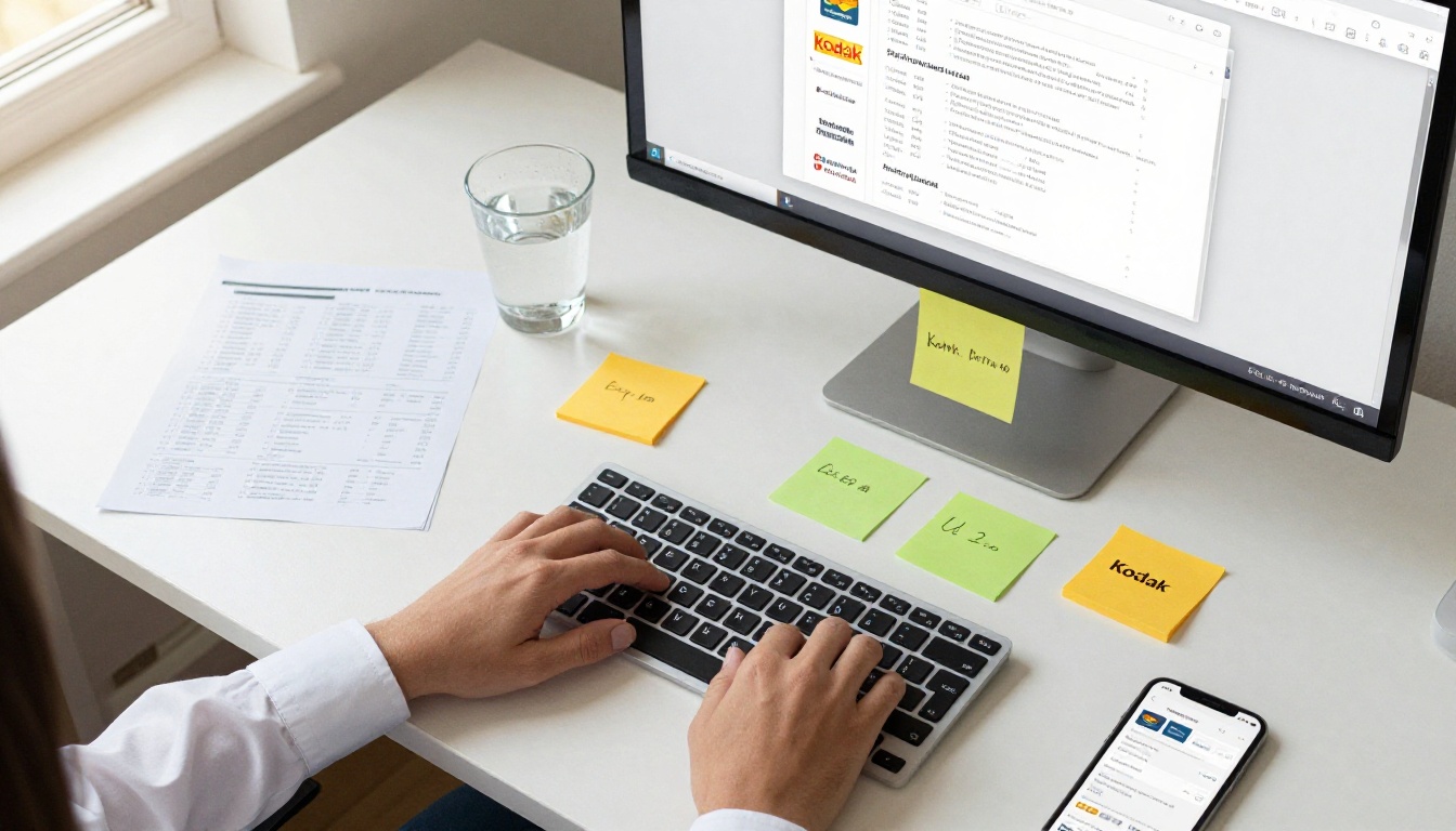 Browser comparison printed sheets spread on a white office desk, hands hovering over keyboard, aerial flat-lay view