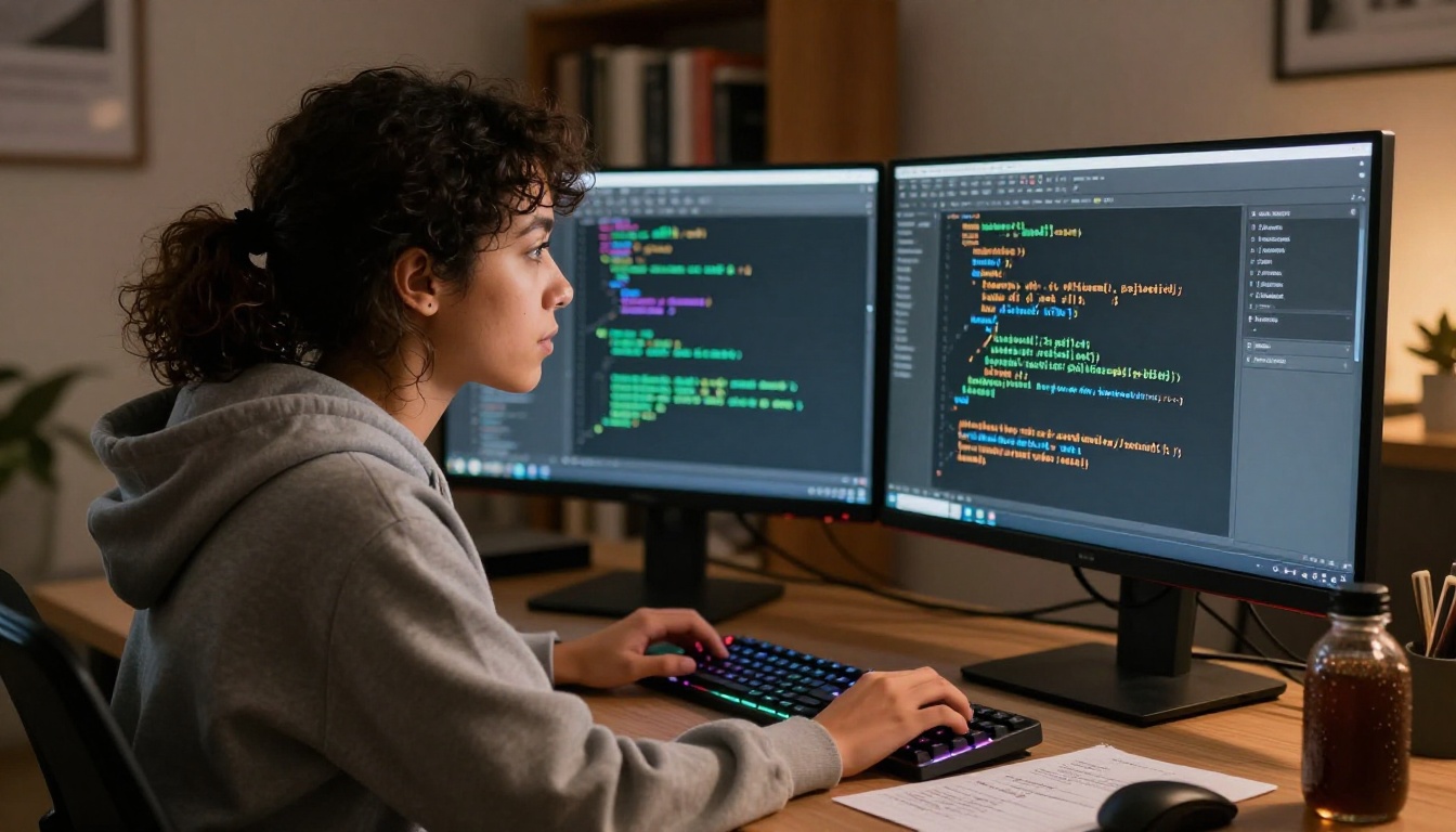 Developer at a dual monitor workstation, JavaScript code with green and amber syntax highlighting on screen, dimly lit home office